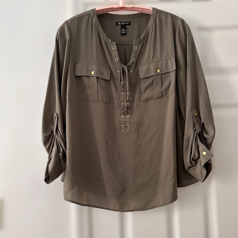 INC International Concepts Women's Khaki Lace-Up Blouse